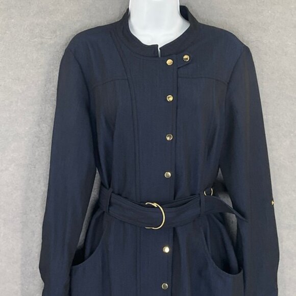 Calvin Klein Belted Dress Womens Sz 14  Navy Pinstripe Long Sleeve Gold Buttons - Picture 4 of 13